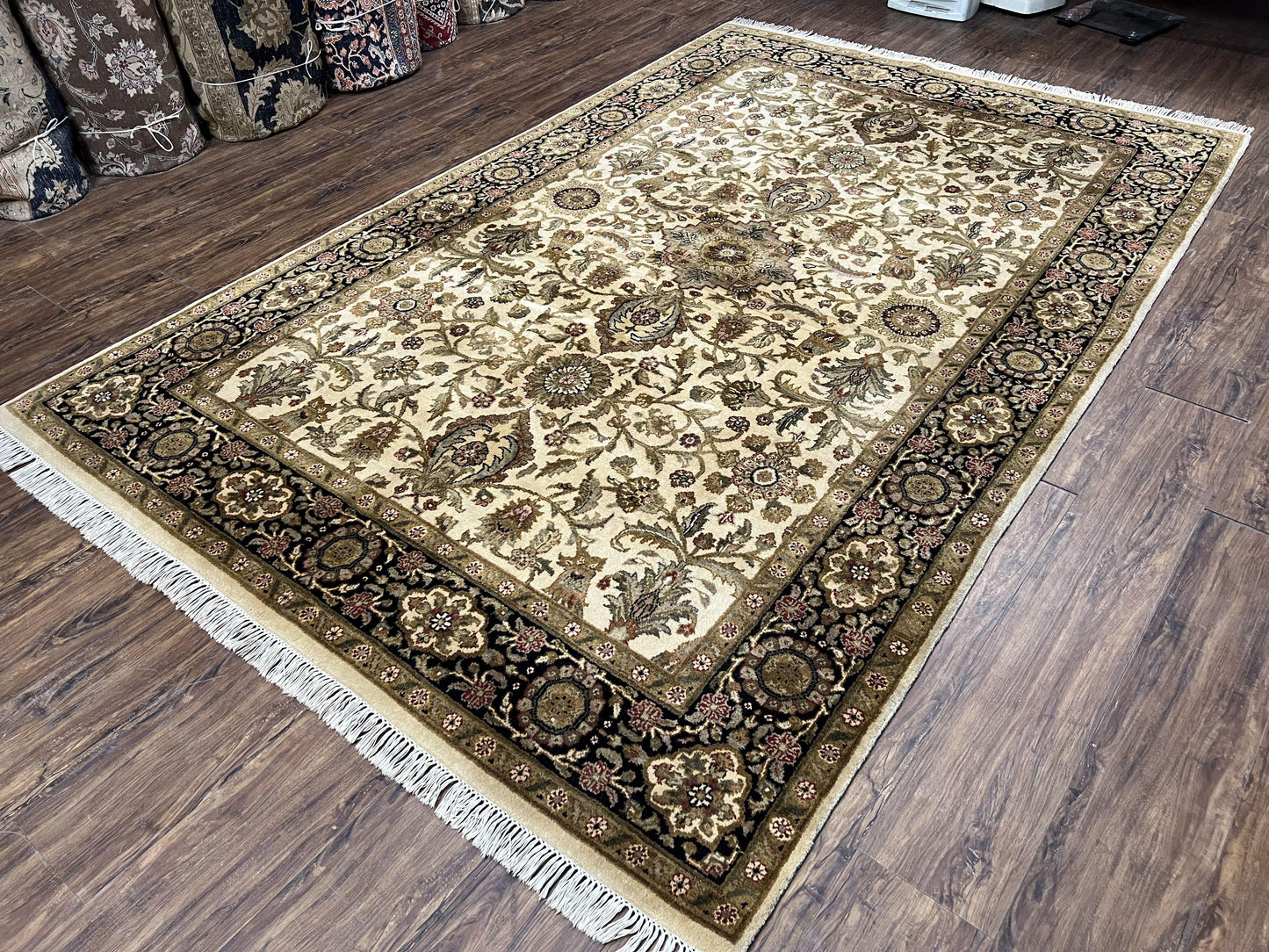 Indo Mahal Rug 6x9, Indian Floral Carpet 6 x 9, Beige and Black, Allover Design, Living Room Rug, Bedroom Rug, Traditional Rug, Vintage Rug - Nuvé
