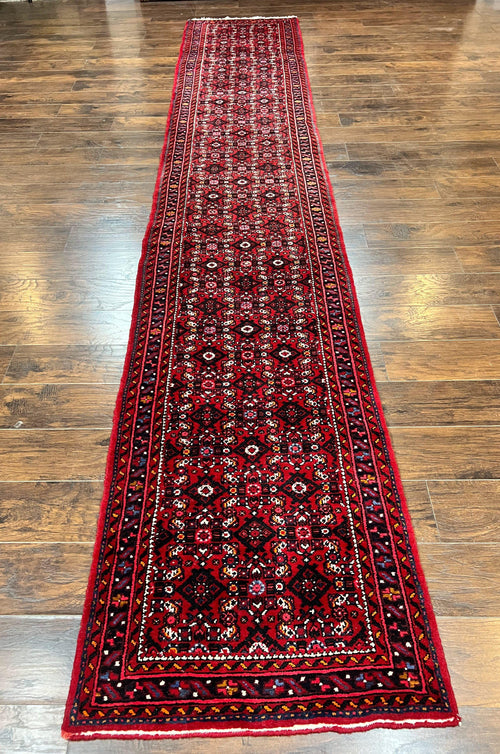 Persian Runner Rug 3 x 16, Wool Handmade Long Antique Hamadan Oriental Rug for Hallway, Red Tribal Rug, Allover Pattern, 3x16 Runner Rug - Nuvé