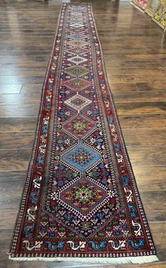 Persian Tribal Runner Rug 2.6 x 20 ft, Antique Persian Shiraz Carpet for Hallway, Colorful Navy Blue - Nuvé