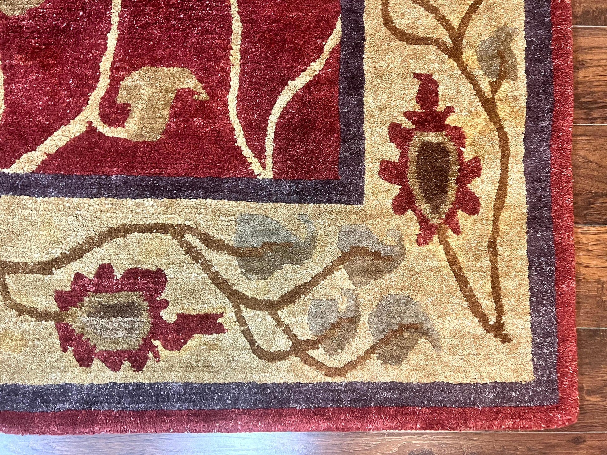 Tibetan Aubusson Rug 8x10, Maroon and Beige, Floral, Handmade, Wool, Vintage, Traditional Rug - Nuvé
