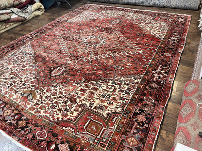 Large Persian Heriz Rug 10x13, Red and Cream Geometric Tribal Room Sized Handmade Wool Hand Knotted Semi Antique Decorative Oriental Carpet - Nuvé