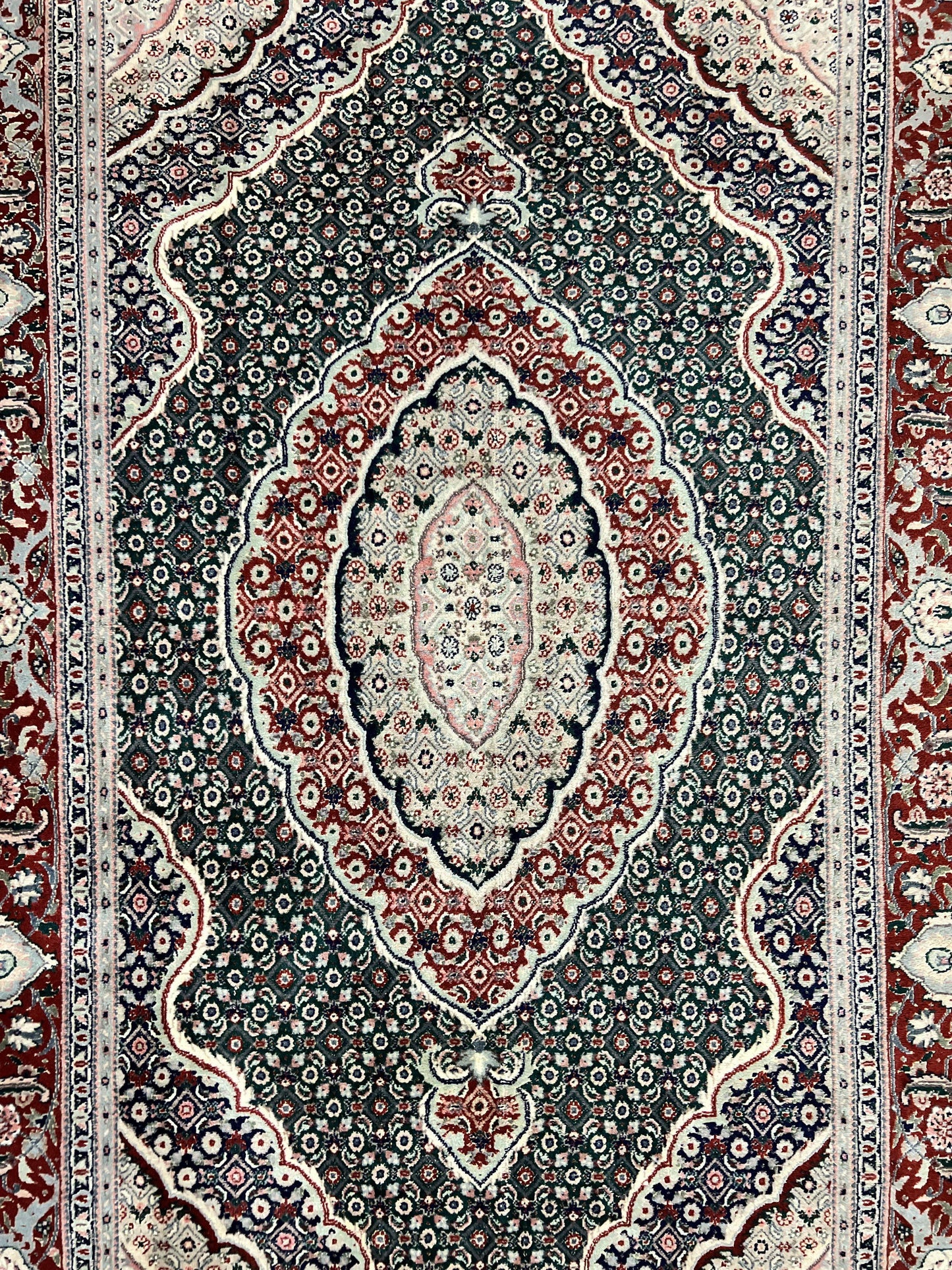Sino Persian Rug 4x6, Wool with Silk Highlights, Fine Hand Knotted Carpet, Green & Maroon Red, Herati Medallion, Vintage Rug - Nuvé