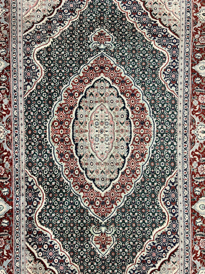 Sino Persian Rug 4x6, Wool with Silk Highlights, Fine Hand Knotted Carpet, Green & Maroon Red, Herati Medallion, Vintage Rug - Nuvé