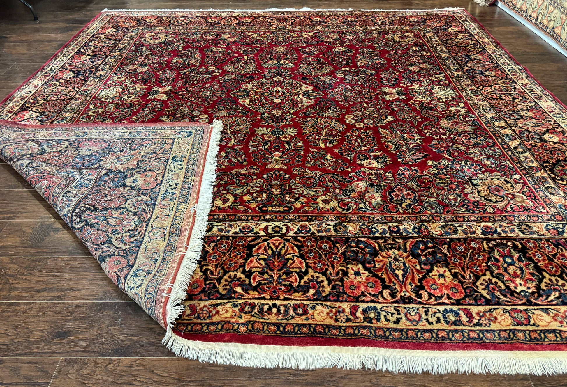 Persian Sarouk Rug 10x10, Square Persian Carpet, Red, Floral, Antique - Nuvé