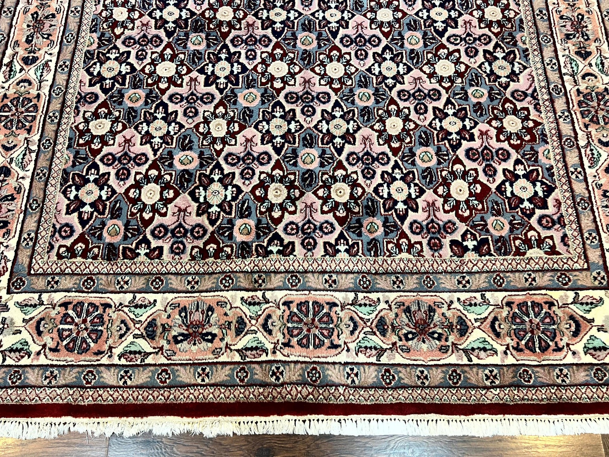 Indo Persian Rug 8x10, Repeated Allover Pattern, Navy Blue Ivory, Handmade Vintage Wool Carpet - Nuvé