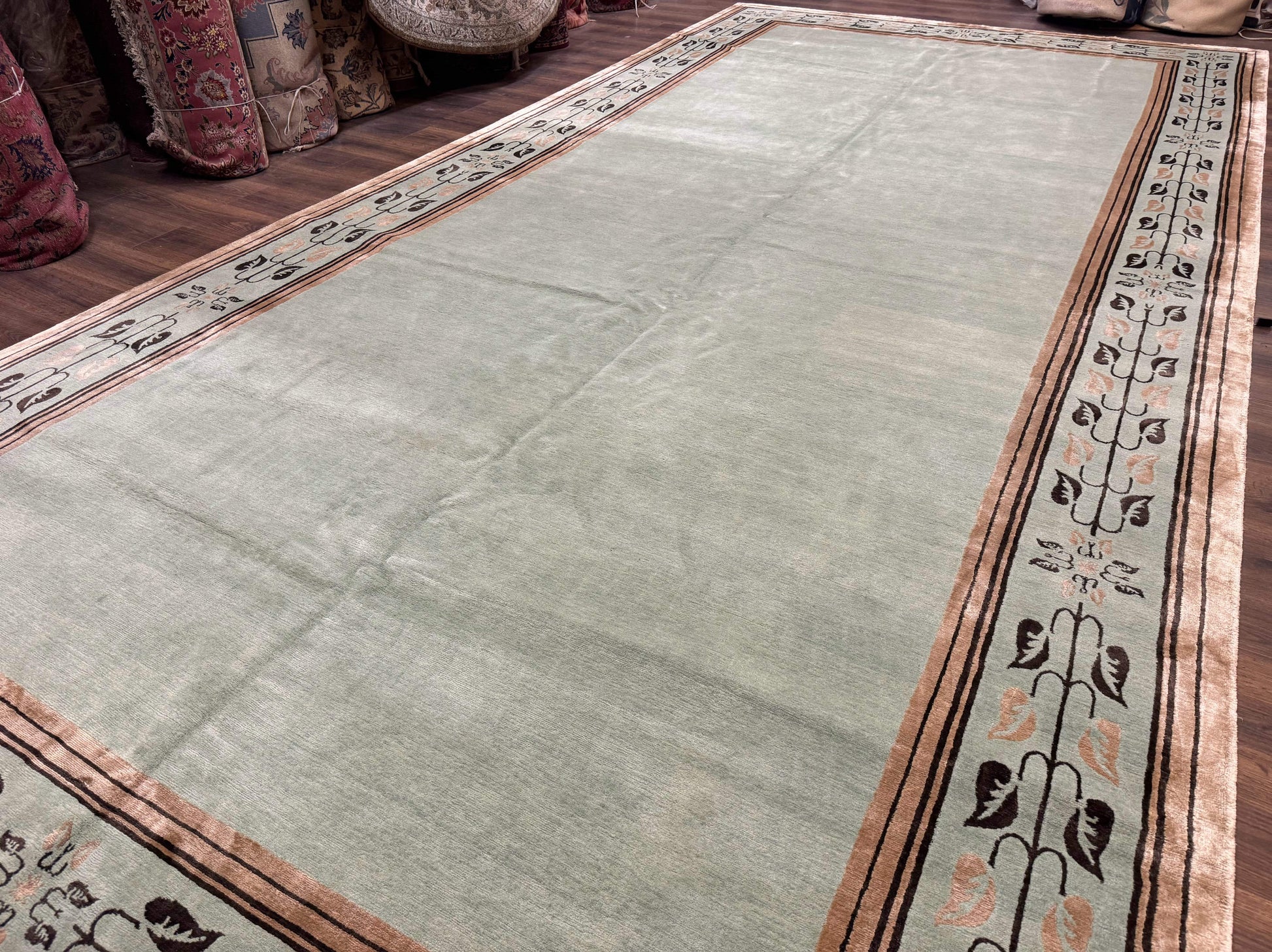 Palace Size Nepali Rug 9x18, Open Field, Light Mint Green, Wool Hand Knotted, Modern Contemporary - Nuvé