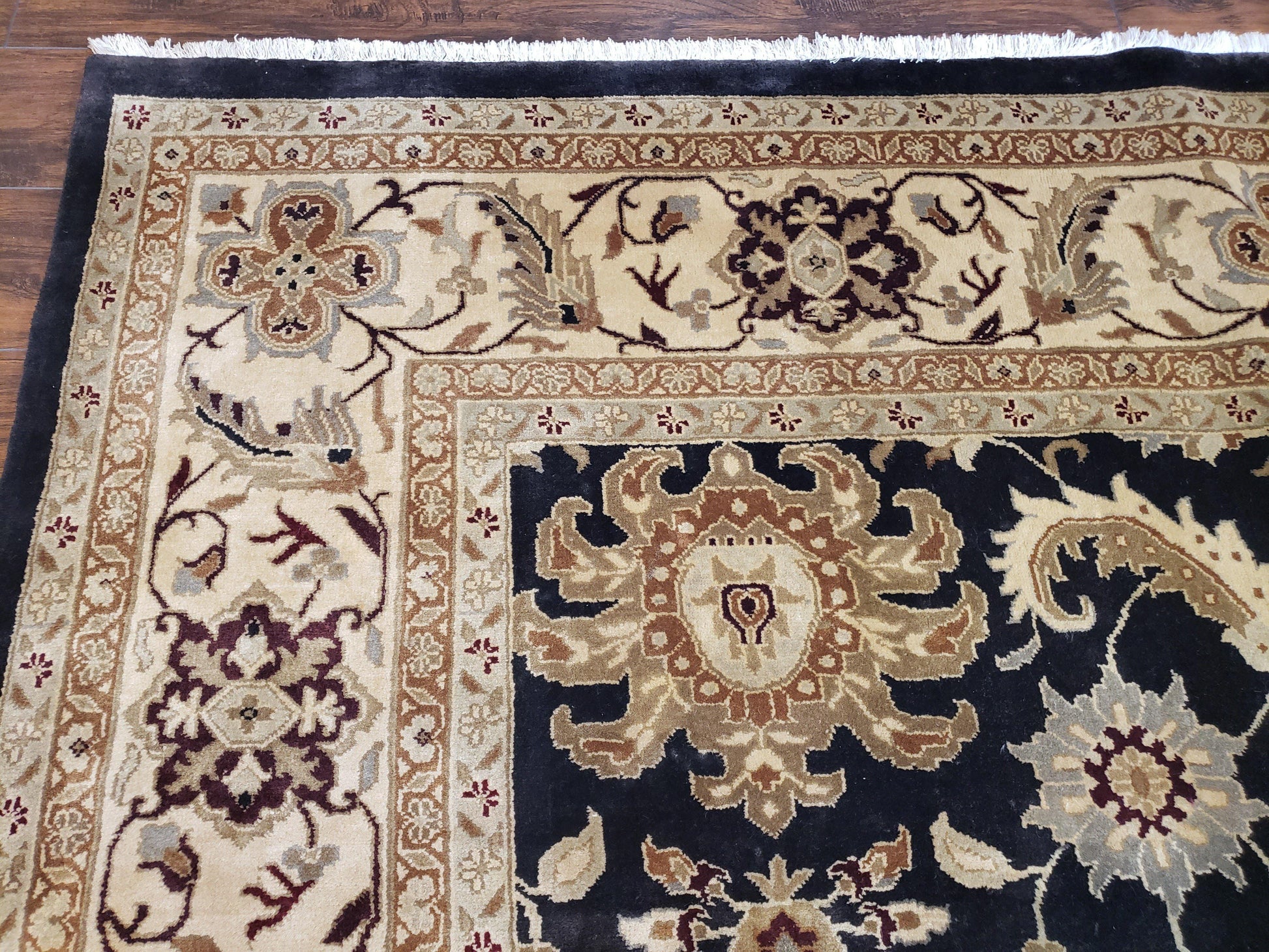 Indo Mahal Rug 8x12, Indian Sultanabad Handmade Area Rug, Vintage Hand-Knotted Wool Black Floral Traditional Oriental Dinning Room Rug - Nuvé