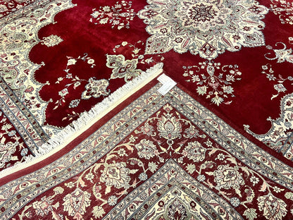 Pak Persian Rug 9x12, Handmade Vintage Traditional Wool Carpet, Floral Medallion, Dark Red Ivory/Cream, Fine 250 KPSI - Nuvé