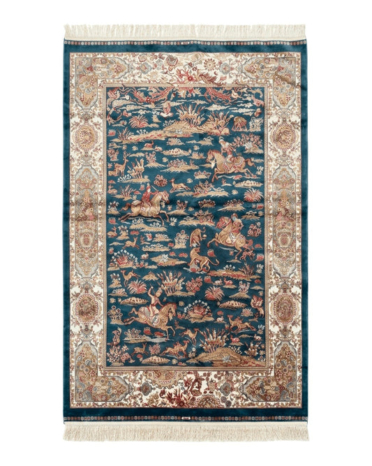Turkish Silk Hunting Design Rug 4x6, Dark Steel Blue & Ivory, Bamboo Silk, New