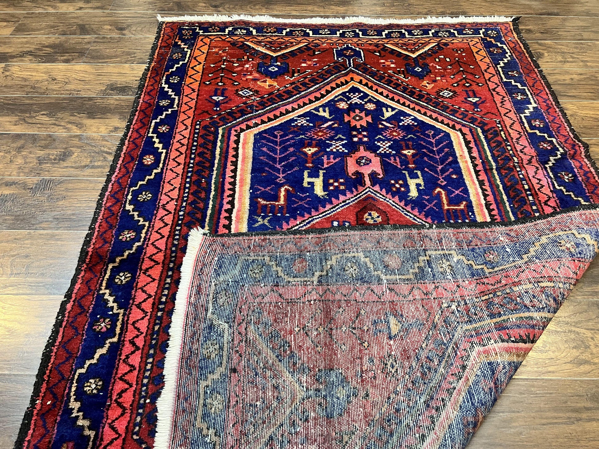 Persian Tribal Rug 5x7, Wool Handmade Vintage Hamadan Nahavand Carpet, Red & Navy Blue, Animal Motifs, Geometric Oriental Rug 5 x 7 - Nuvé