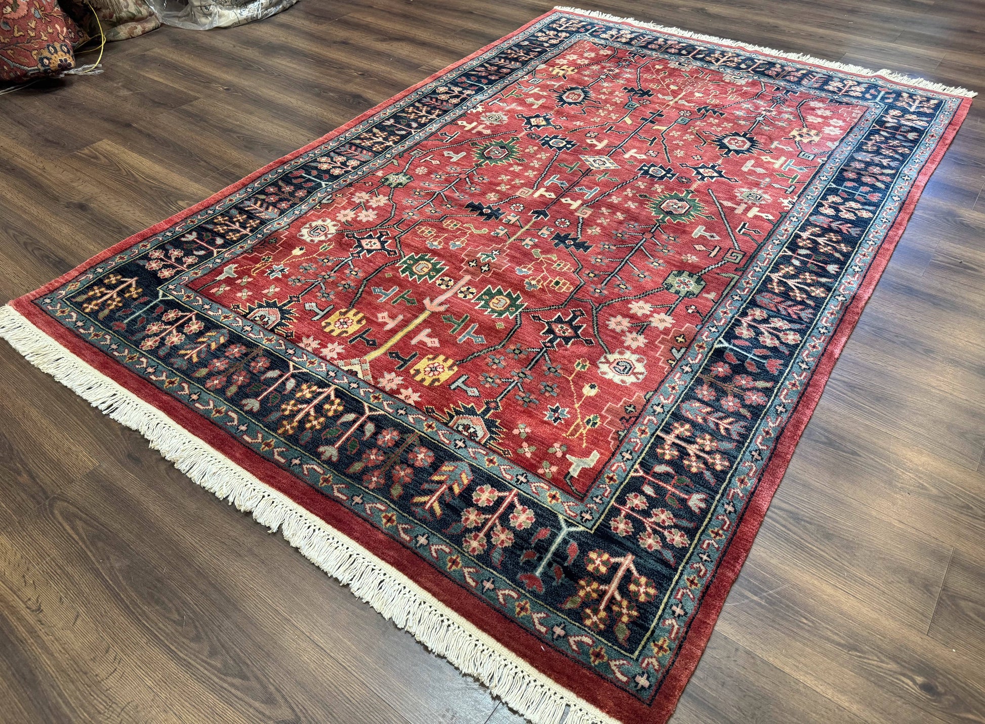 Indo Persian Heriz Serapi Rug 6x8, Rust Red and Navy Blue, Allover Pattern - Nuvé