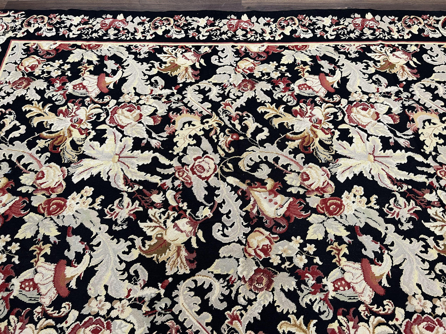Wool Needlepoint Rug 9x12, William Morris Vintage Chinese Needlepoint Carpet 9 x 12, Handwoven, Allover Floral Area Rug, Black Light Green - Nuvé
