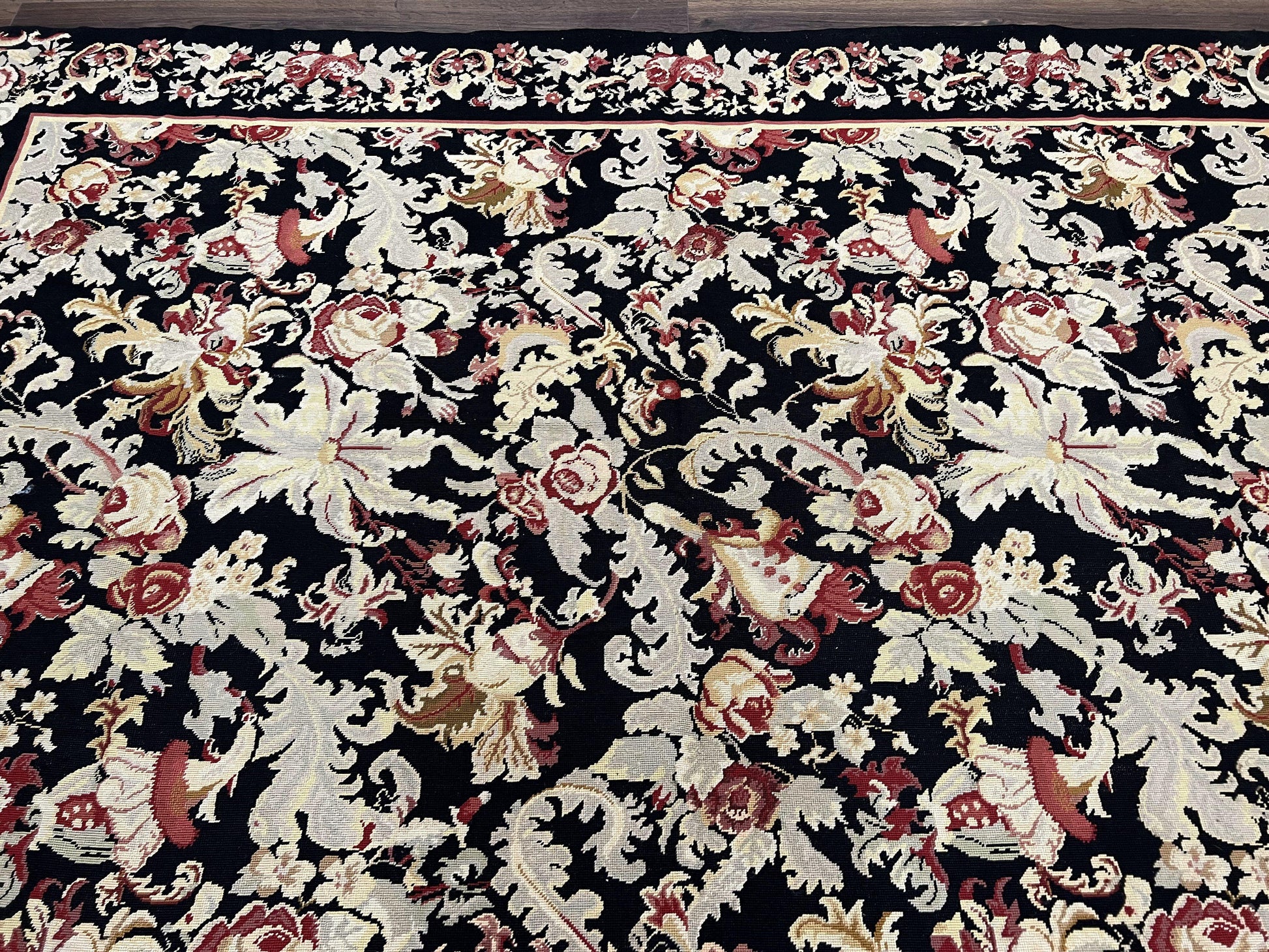 Wool Needlepoint Rug 9x12, William Morris Vintage Chinese Needlepoint Carpet 9 x 12, Handwoven, Allover Floral Area Rug, Black Light Green - Nuvé
