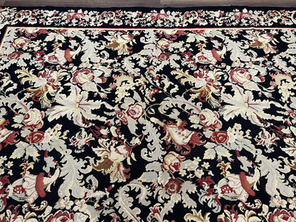 Wool Needlepoint Rug 9x12, William Morris Vintage Chinese Needlepoint Carpet 9 x 12, Handwoven, Allover Floral Area Rug, Black Light Green - Nuvé