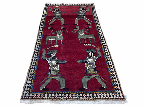 3 X 6 Handmade Wool Rug Tribal Balouch Warriors Deer Animal Pictorial Red Swords - Nuvé