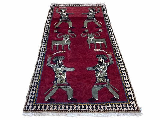 3 X 6 Handmade Wool Rug Tribal Balouch Warriors Deer Animal Pictorial Red Swords - Nuvé