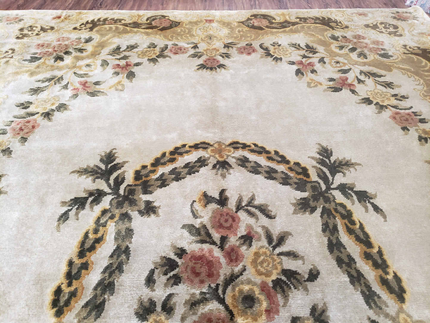 Aubusson Rug 10x14, Elegant French European Design, Vintage Handmade Carpet with Pile, Beige Floral Dining Room Rug, Living Room, Soft Wool - Nuvé