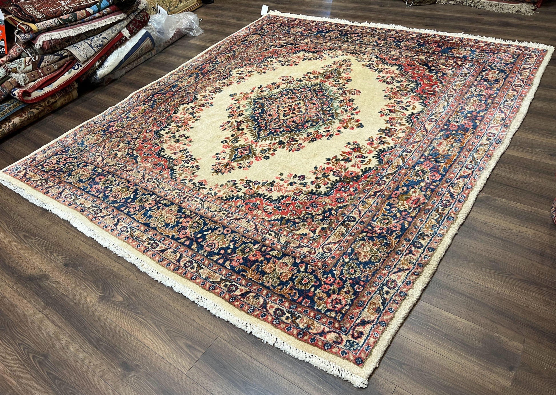 Persian Rug 9x10, Hamadan Rug, Antique Oriental Carpet, Wool Rug, Semi Open Field, Cream and Navy Blue, Kirman Design Hand Knotted Almost Square Rug - Nuvé