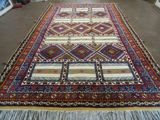7x11 Moroccan Rug, Vintage Moroccan Carpet, Tribal Rug 7 x 11, Geometric Rug, Diamond Panels, Multicolor, Hand Knotted Wool Rug, Unique Rug - Nuvé