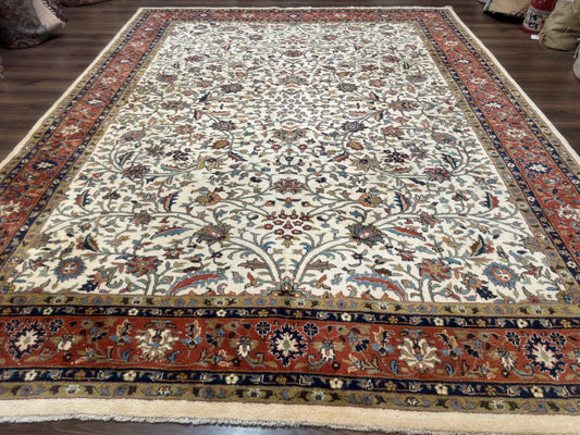 Indo Persian Rug 9x12, Ivory and Red, Traditional Wool Oriental Carpet - Nuvé