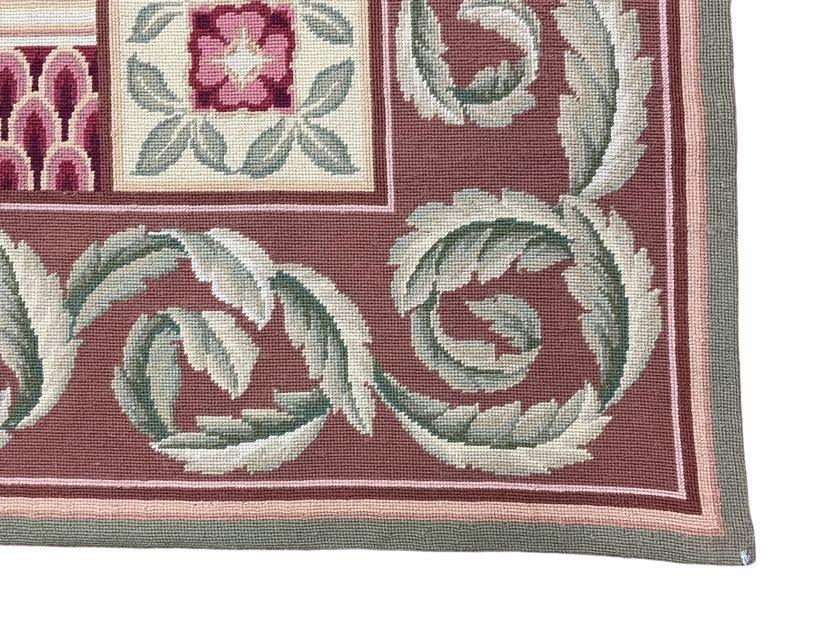 Traditional Aubusson Needlepoint Rug 9 x 12, Flowers, Flatweave Carpet, Hand-Knotted, Brand New, Cream Color, Green, Maroon Red, Wool - Nuvé