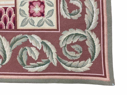 Traditional Aubusson Needlepoint Rug 9 x 12, Flowers, Flatweave Carpet, Hand-Knotted, Brand New, Cream Color, Green, Maroon Red, Wool - Nuvé