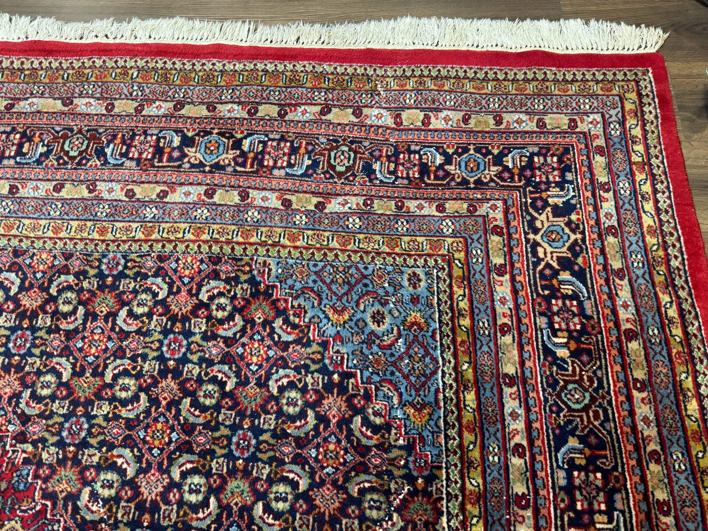 Indo Persian Bidjar Rug 10x14, Red and Dark Blue, Herati Mahi Pattern, Vintage - Nuvé