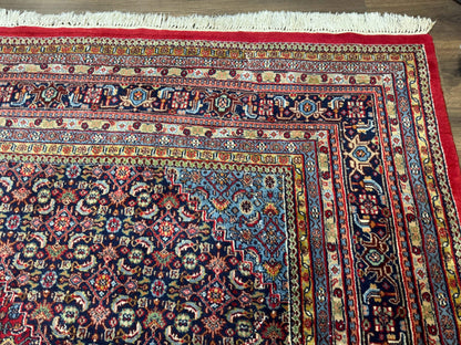 Indo Persian Bidjar Rug 10x14, Red and Dark Blue, Herati Mahi Pattern, Vintage - Nuvé