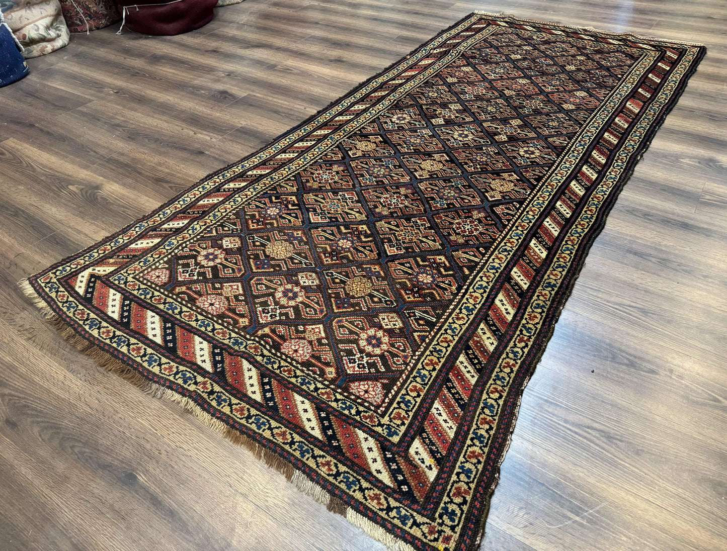 Antique Persian Wide Runner Rug 4x9, Kurdish Rug, Panel Design, Rainbow Border, Rare Tribal Rug - Nuvé