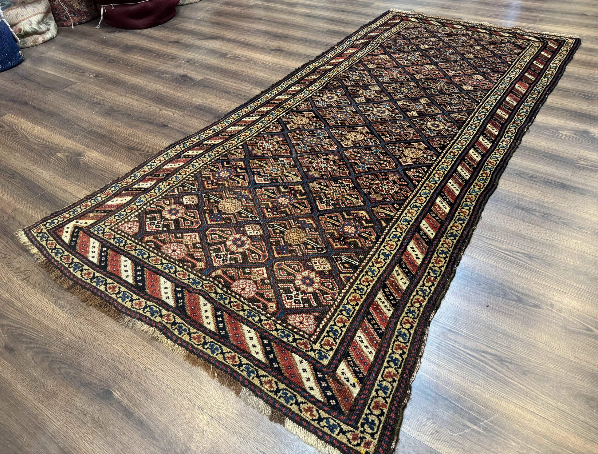 Antique Persian Wide Runner Rug 4x9, Kurdish Rug, Panel Design, Rainbow Border, Rare Tribal Rug - Nuvé