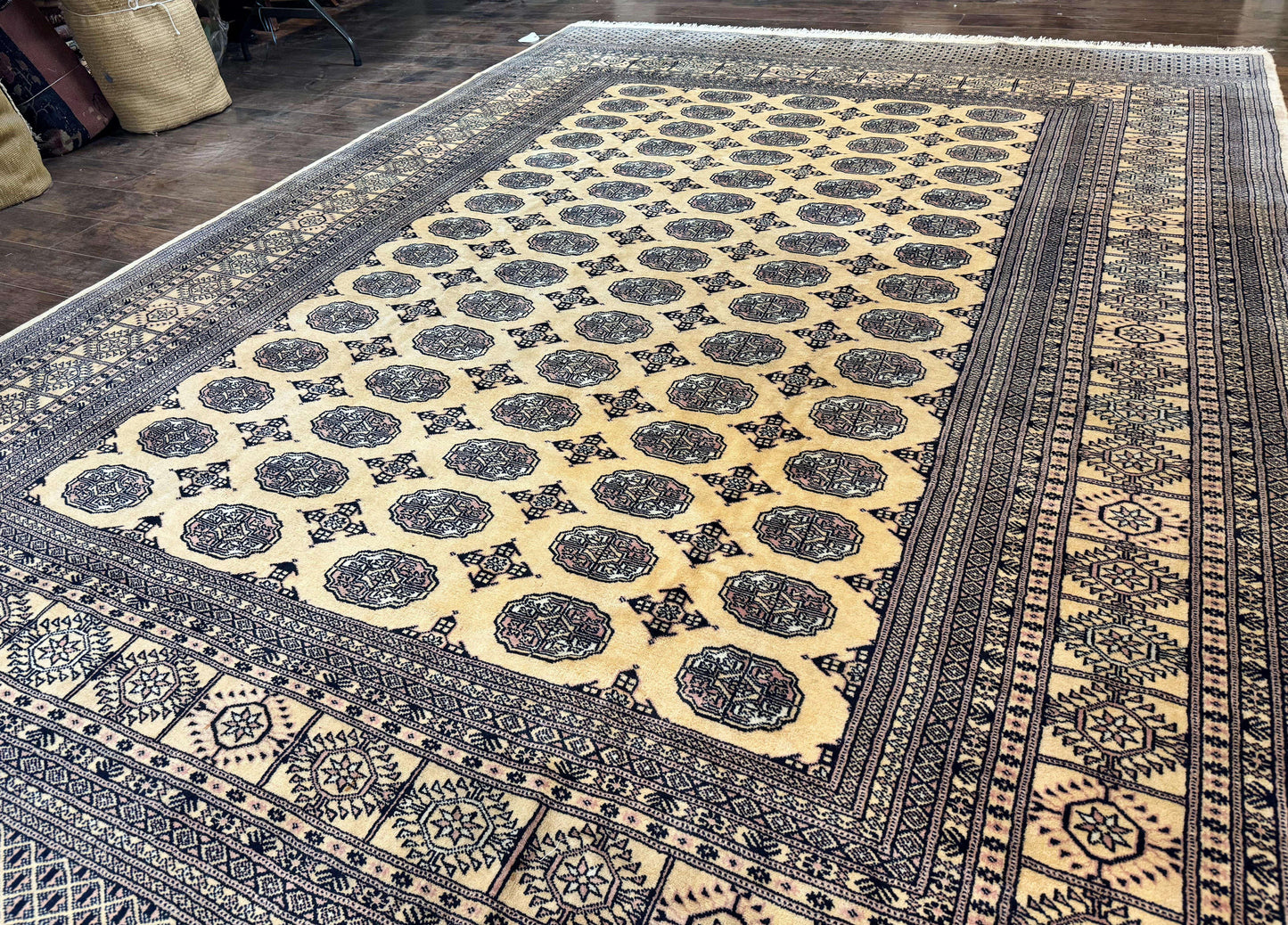 Pakistani Bokhara Turkoman Rug 9x11, Cream, Handmade Wool Vintage Carpet - Nuvé