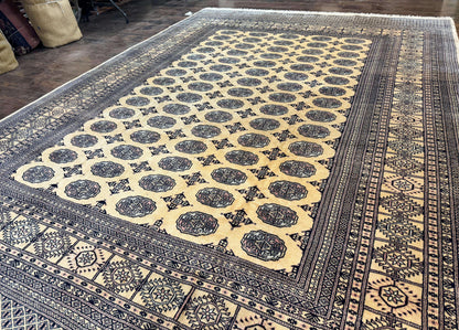Pakistani Bokhara Turkoman Rug 9x11, Cream, Handmade Wool Vintage Carpet - Nuvé