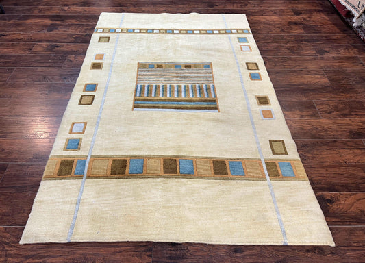 Tibetan Rug 5x8, Contemporary Rug 5 x 8 ft, Cream Brown Blue Hand-Knotted Wool w/ Silk Highlights Tibetan Carpet, Modern Rug - Nuvé