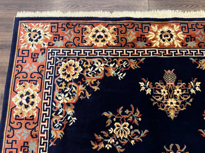 Chinese Wool Rug 8x11, Navy Blue and Terracotta, Floral, Couristan Belgium Power Loomed Carpet - Nuvé