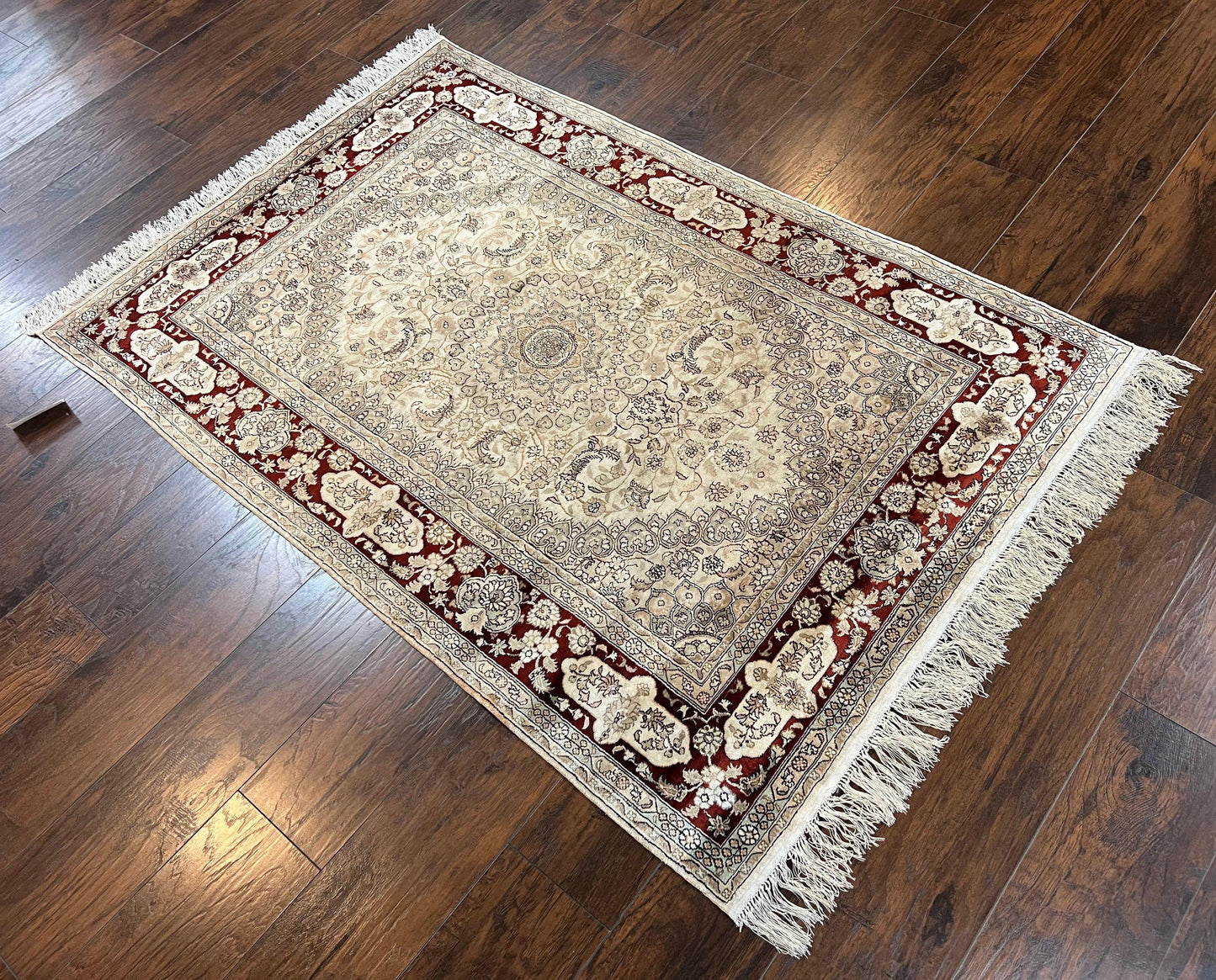 Silk Indian Kashmiri Rug 4x6 ft, Floral Medallion Hand Knotted Handmade Oriental Carpet, Vintage, Cream Burgundy, Very Fine Silk Rug 4 x 6 - Nuvé