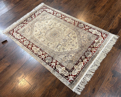 Silk Indian Kashmiri Rug 4x6 ft, Floral Medallion Hand Knotted Handmade Oriental Carpet, Vintage, Cream Burgundy, Very Fine Silk Rug 4 x 6 - Nuvé