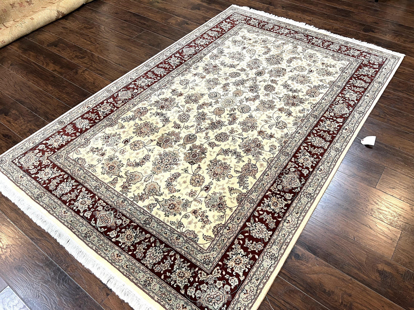 Pak Persian Rug 6x9, Floral Allover Carpet 6 x 9 ft, Cream and Maroon Hand Knotted Wool and Silk Fine Oriental Rug, Traditional Vintage Rug - Nuvé