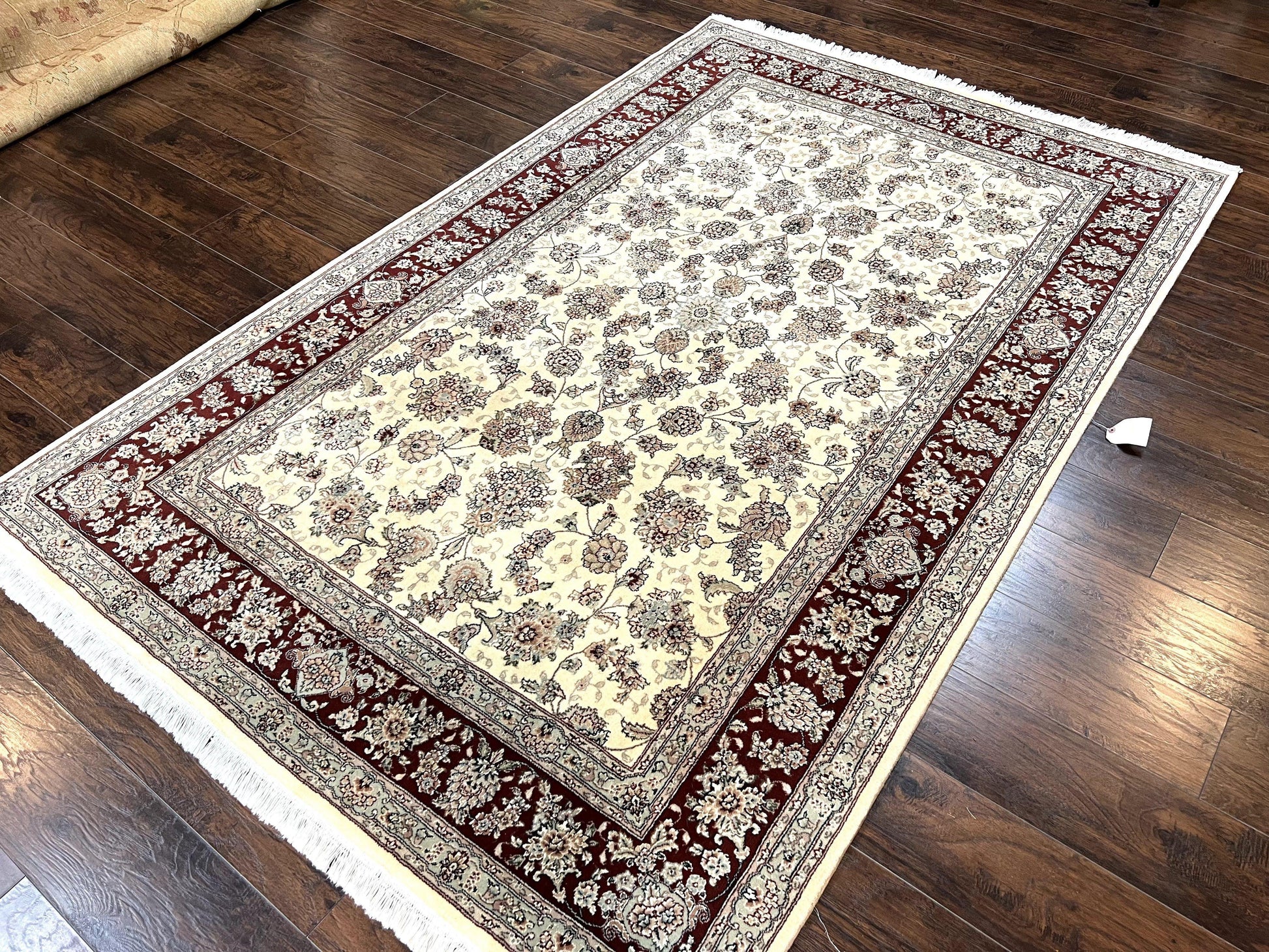 Pak Persian Rug 6x9, Floral Allover Carpet 6 x 9 ft, Cream and Maroon Hand Knotted Wool and Silk Fine Oriental Rug, Traditional Vintage Rug - Nuvé