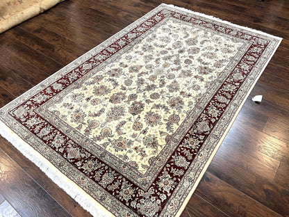 Pak Persian Rug 6x9, Floral Allover Carpet 6 x 9 ft, Cream and Maroon Hand Knotted Wool and Silk Fine Oriental Rug, Traditional Vintage Rug - Nuvé