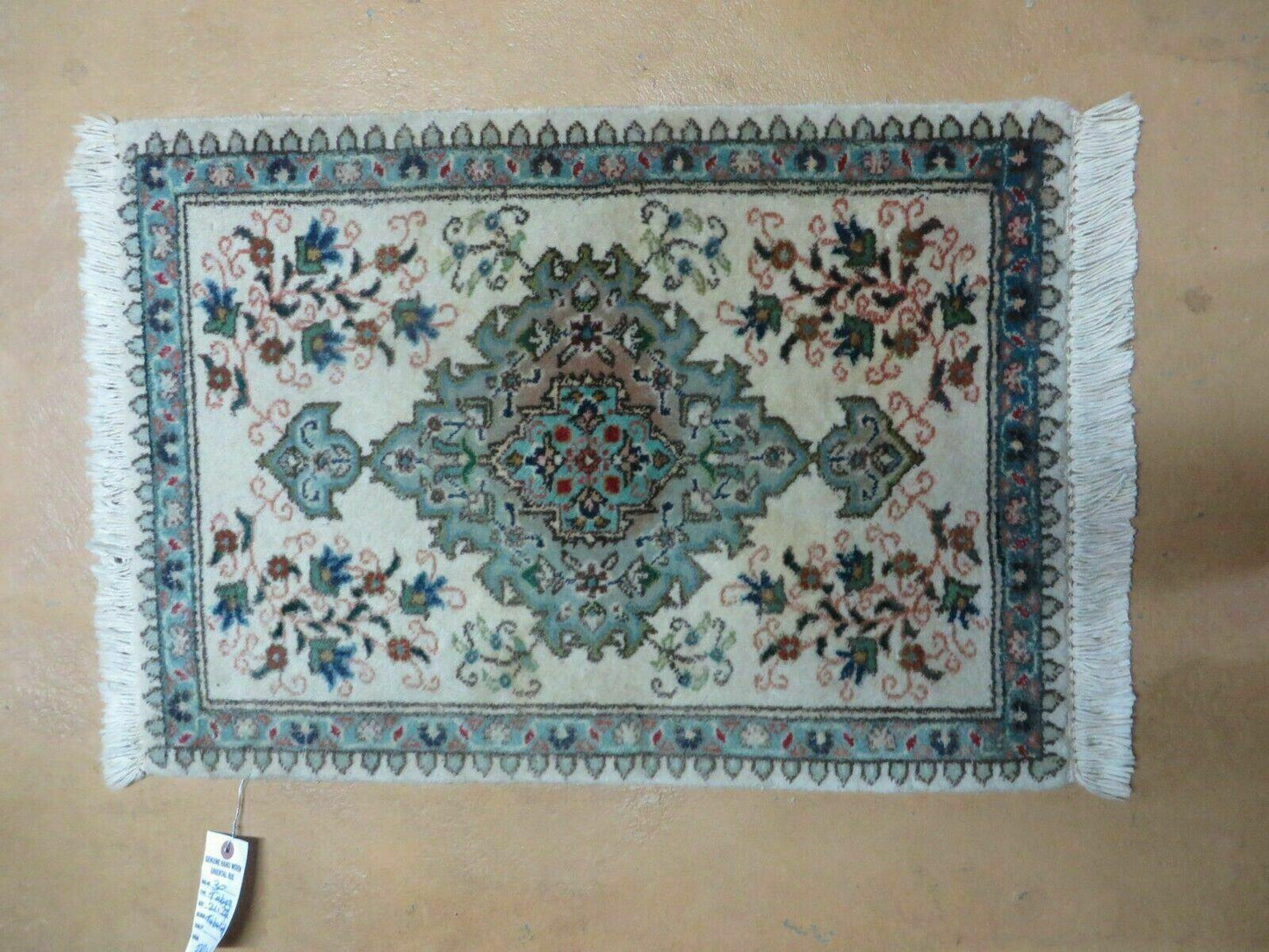 1' 9" X 2' 5" Handmade Indian Wool Rug Lahore Floral Design Small Oriental Rug Beige & Teal - Nuvé