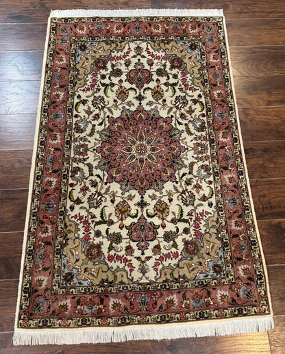 Fine Persian Tabriz Rug 3x5, Floral Medallion, 340 KPSI, Ivory Salmon - Nuvé