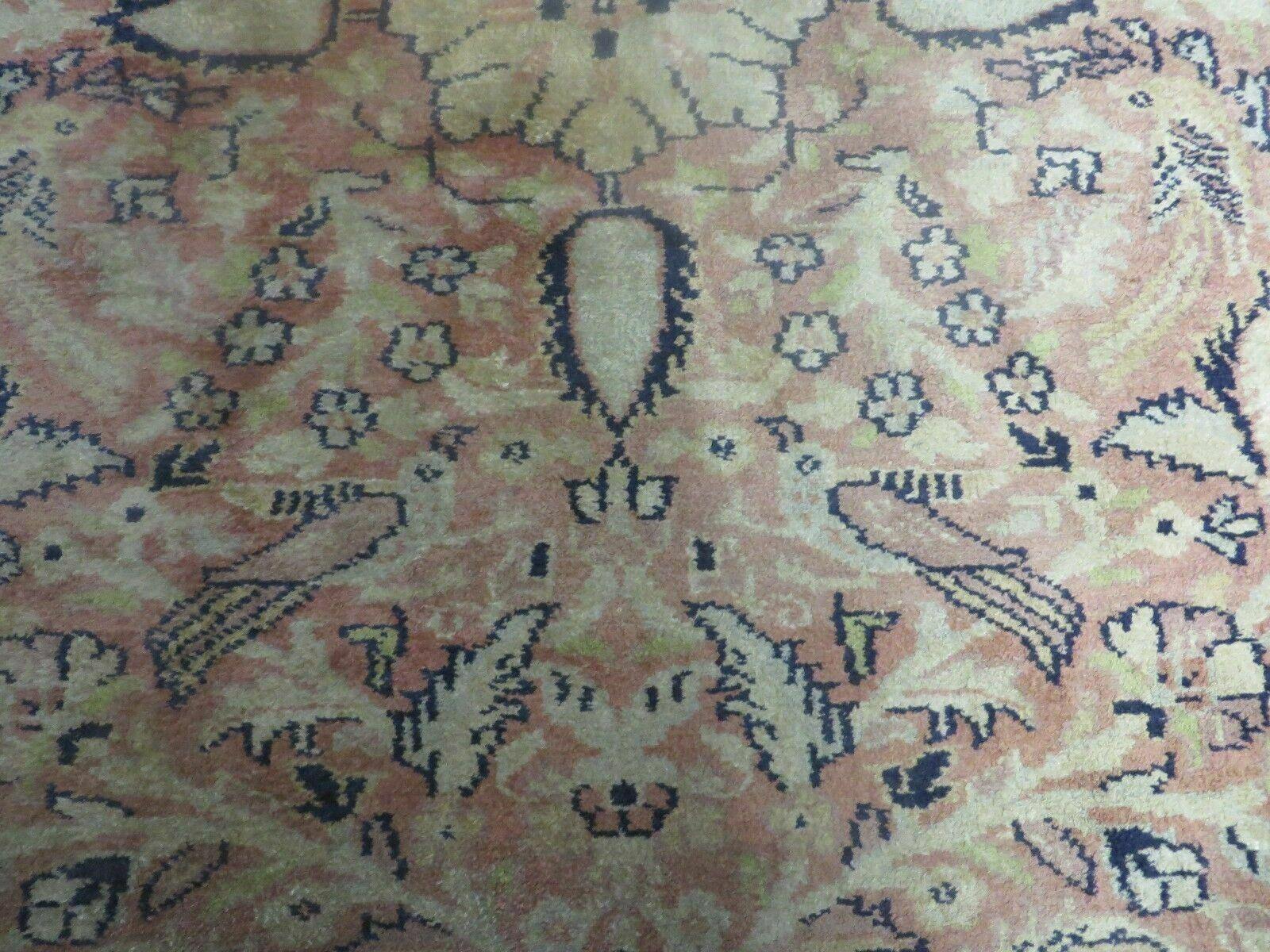 Indian Silk Rug 4x6, Indian Kashmiri Silk Carpet 4 x 6 ft, Vintage Hand Knotted Floral Bird Motifs, Light Pink and Navy Blue, Silk on Cotton - Nuvé