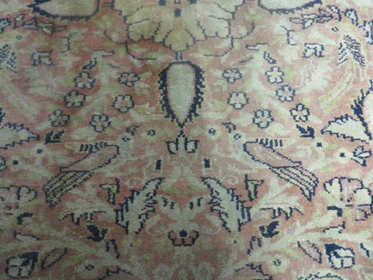 Indian Silk Rug 4x6, Indian Kashmiri Silk Carpet 4 x 6 ft, Vintage Hand Knotted Floral Bird Motifs, Light Pink and Navy Blue, Silk on Cotton