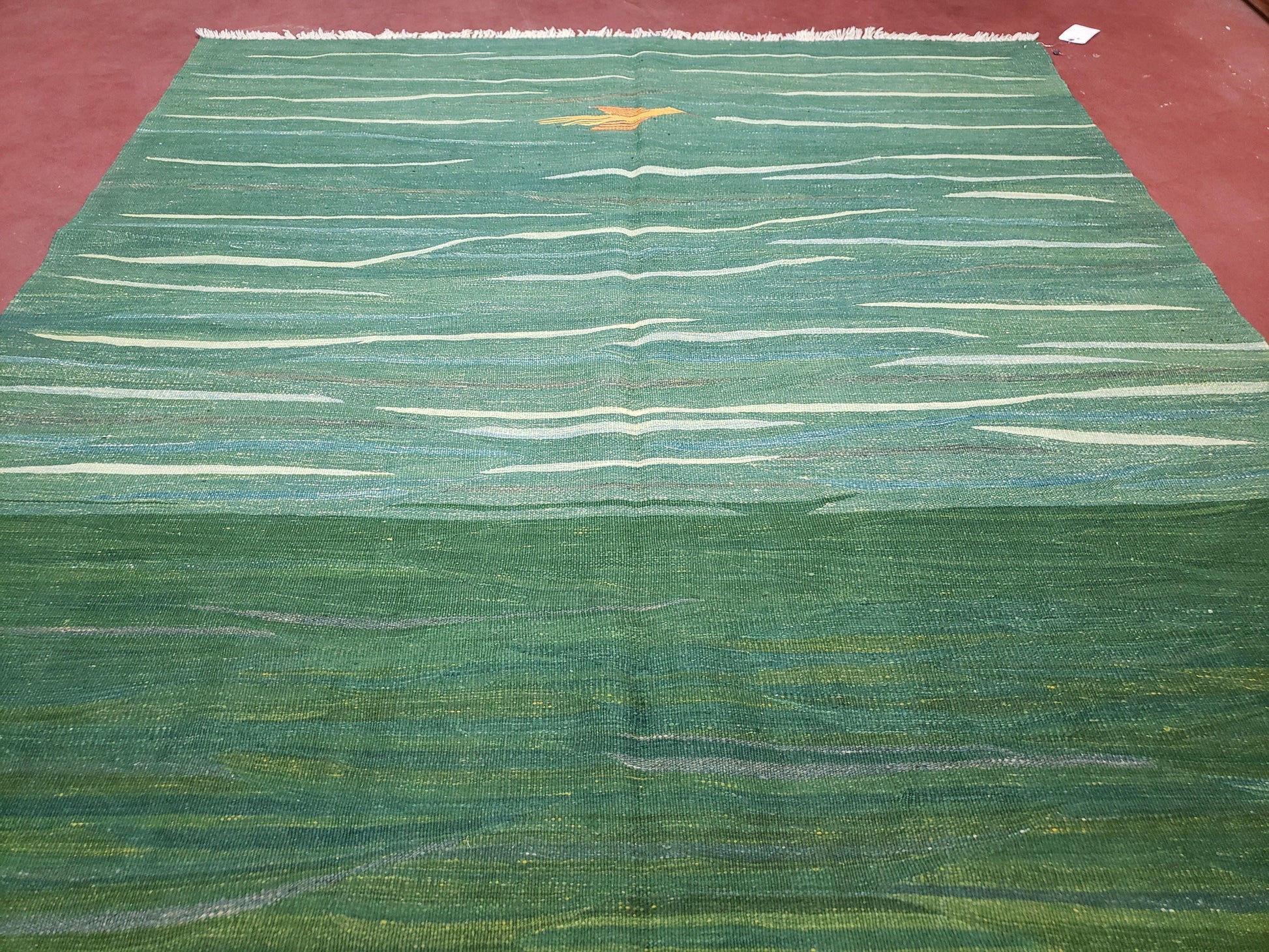 Green Turkish Kilim Rug, 6x9 - 7x10 Rugs, Bird, Handmade New Area Rug, Wool, Bohemian Boho Decor, Hand Woven, Modern Abstract Flat Weave Rug - Nuvé