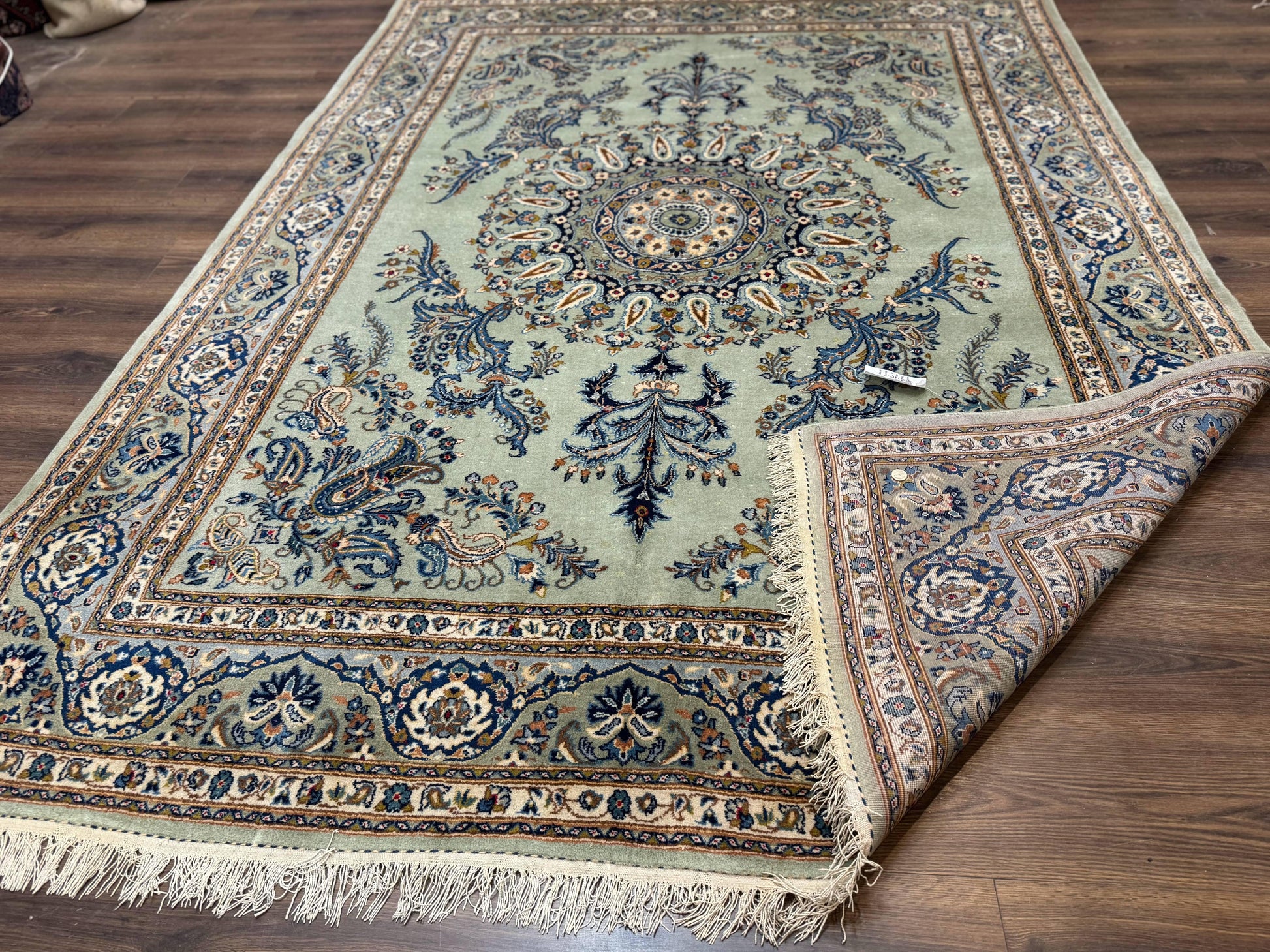 Light Green and Blue Persian Kashan Rug 7x10, Authentic Persian Carpet, Handmade, Wool - Nuvé