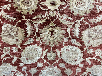 Pak Persian Rug 10x14, Sultanabad Mahal Peshawar Chobi Carpet, Large Vintage Wool Oriental Rug, Maroon & Beige, Floral Allover, Handmade - Nuvé