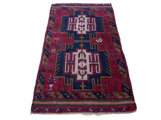 2' 9" X 4' 7" Vintage Handmade Tribal Wool Rug Balouchi Rug Afghan Rug Red Beige - Nuvé