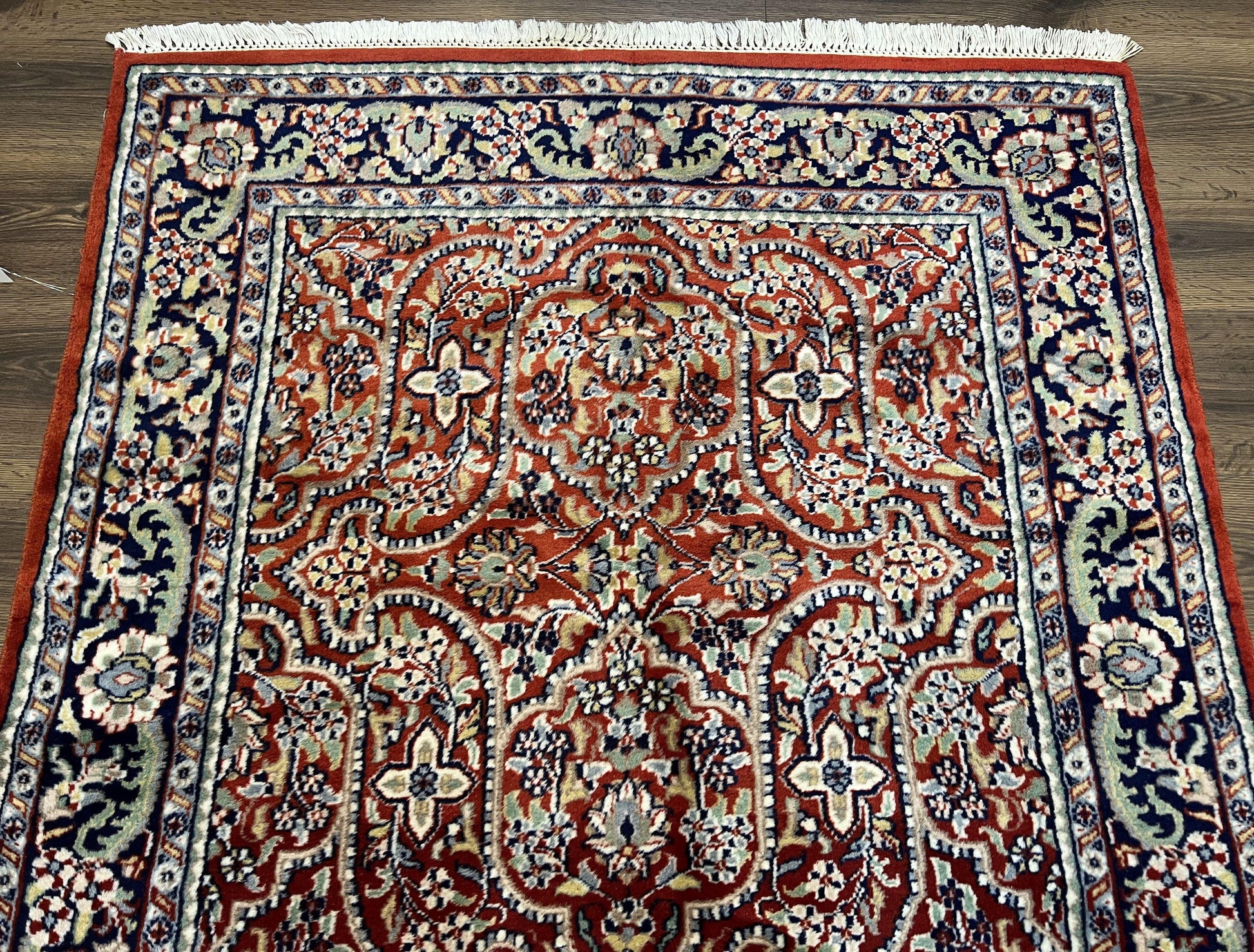 Indo Persian Rug 4x7, Allover Floral Oriental Carpet, Red and Navy Blue, Hand Knotted Indian Kashmiri Traditional Vintage Area Rug 4 x 7 ft - Nuvé