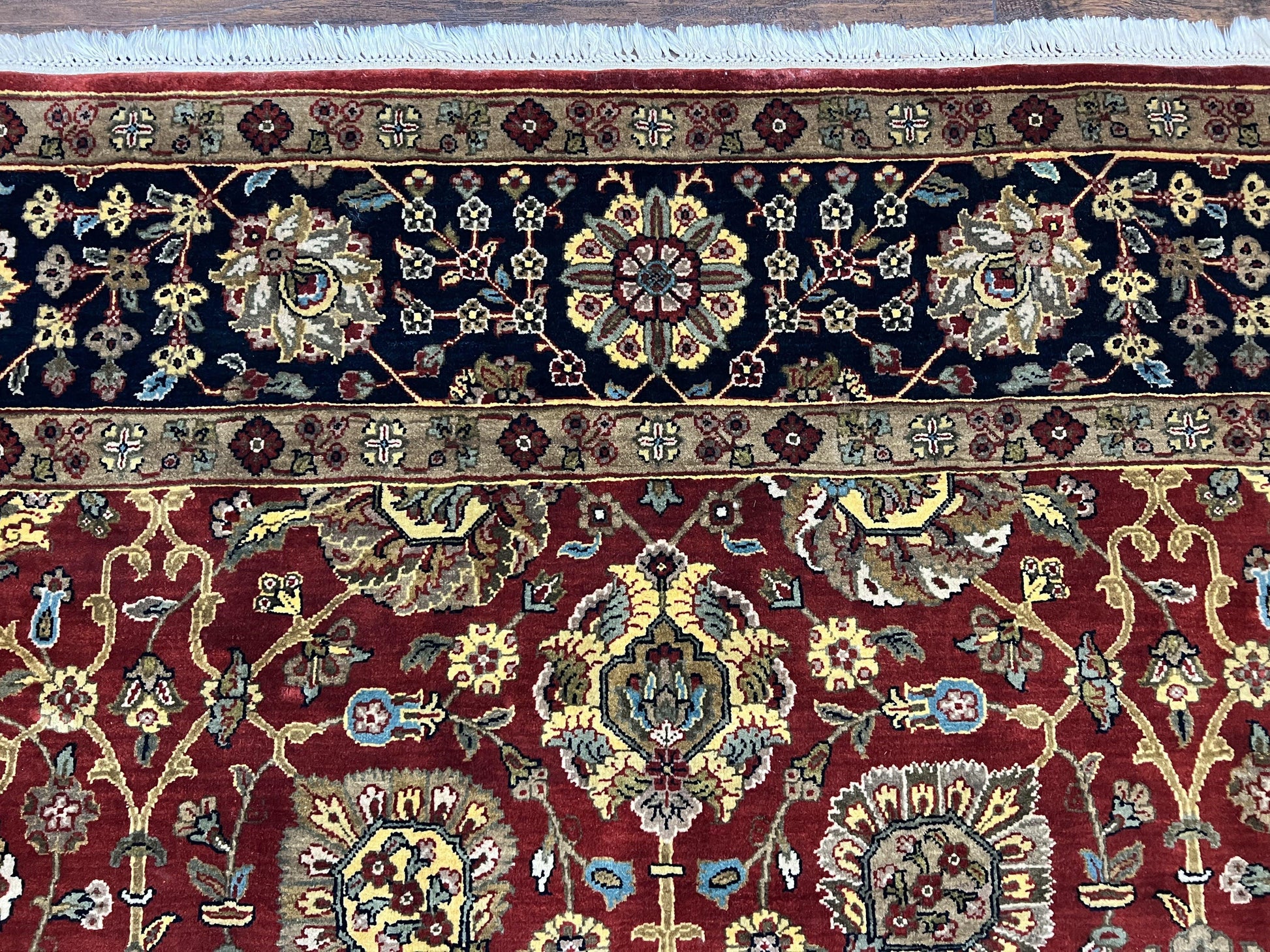 Indo Persian Rug 9x12, Hand Knotted Traditional Indian Wool Oriental Carpet 9 x 12 ft, Maroon and Navy Blue, Floral Allover 9x12 Vintage Rug - Nuvé