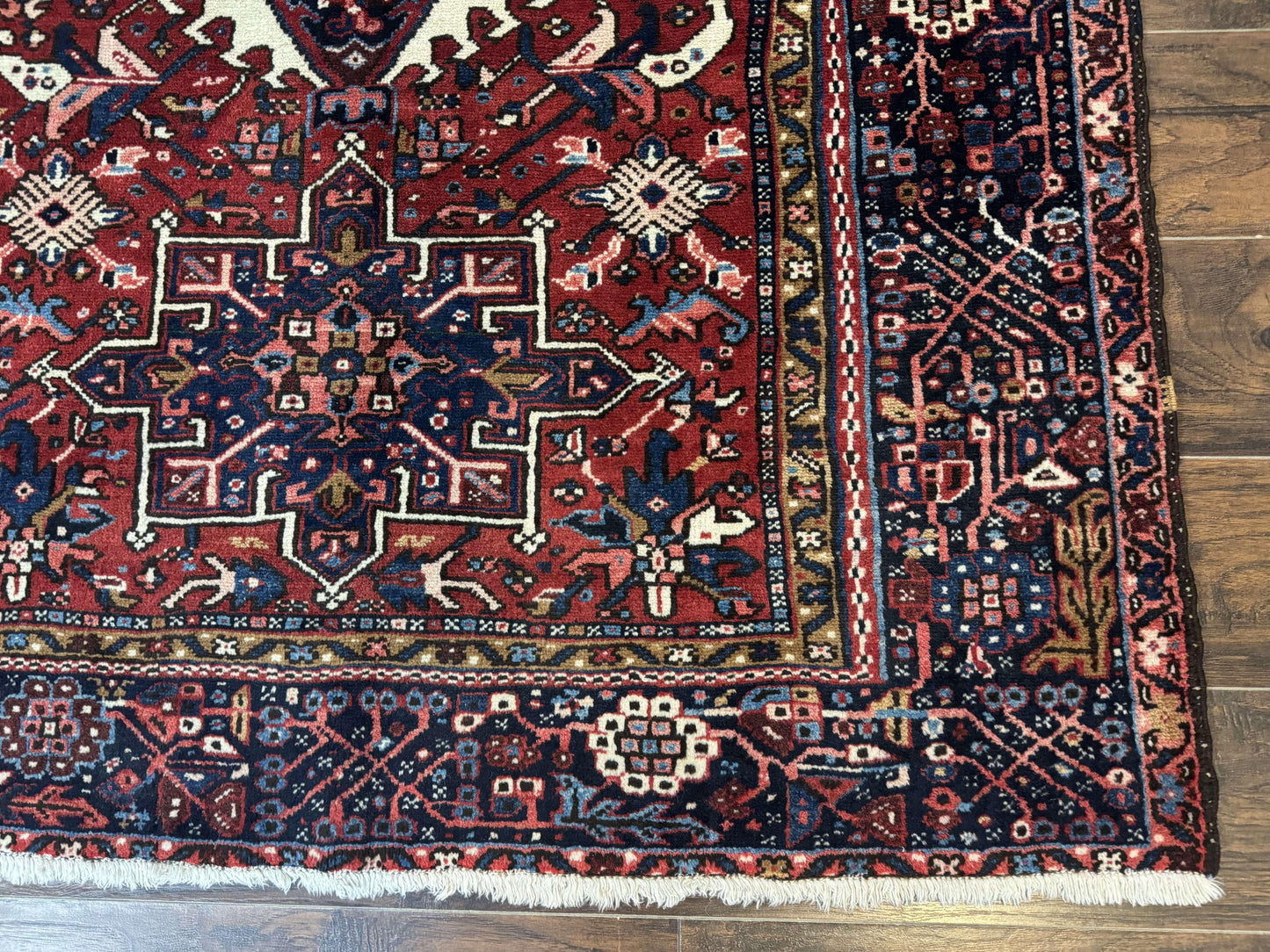 Persian Karajeh Rug 5x6, Antique Heriz Carpet, Geometric, Persian Tribal Rug, Brick Red Navy Blue - Nuvé